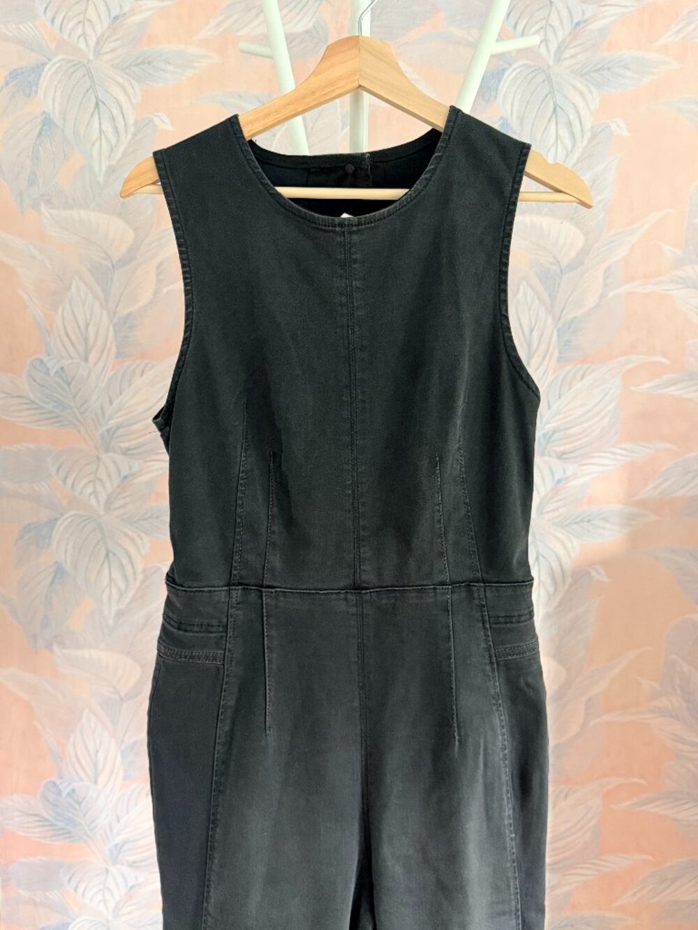 Free People We The Free Cayenne Denim Jumpsuit Open Back Black Sleeveless Sz 31